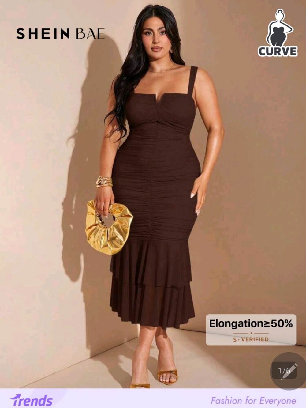 Ruched Brown Midi Skirt with Tiered Hem
